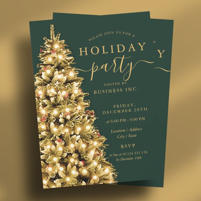 Invitación Fiesta de feriado para el árbol de Navidad dorado (Gold Christmas Tree Corporate Holiday Party Green Invitation)