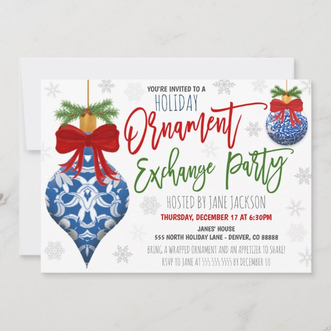 Invitación Fiesta de feriado por intercambio de ornamentos (Anverso)