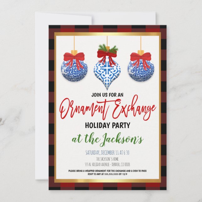 Invitación Fiesta de feriado por intercambio de ornamentos (Anverso)