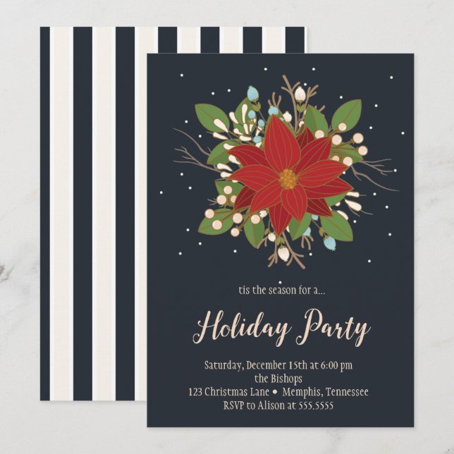 Invitación Fiesta de feriados de Poinsettia y Berries (Anverso / Reverso)