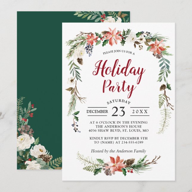 Invitación Fiesta de ferias de marfil de Poinsettia Holly Ber (Anverso / Reverso)