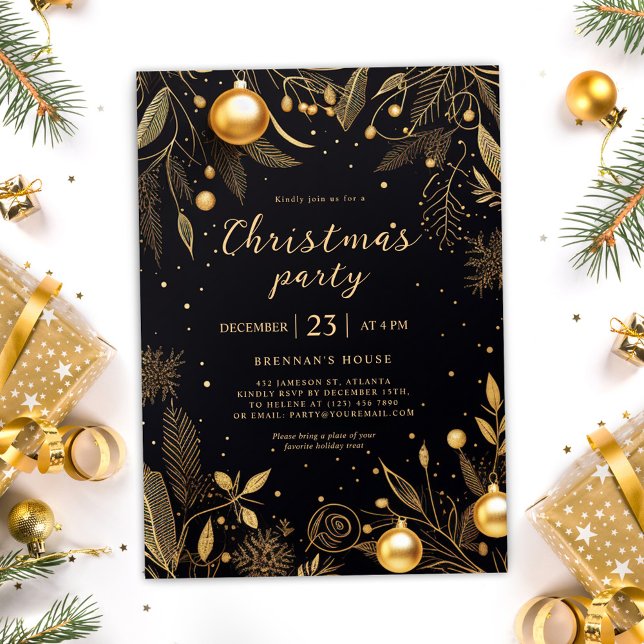 Invitación Fiesta De Festividades De Oro Y Negro Para Los nav (Christmas Black And Gold Holiday Party Invitation)