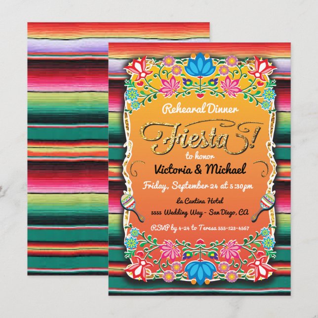 Invitación Fiesta de Fiesta de México Purpurina de oro Ensayo (Anverso / Reverso)
