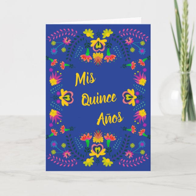 Invitación Fiesta de Fiesta Mexicana de Floral Azul Quince An (Anverso)