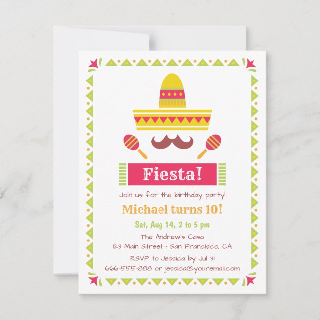 Invitación Fiesta de Fiesta Mexicana de Sombrero y Mustache (Anverso)