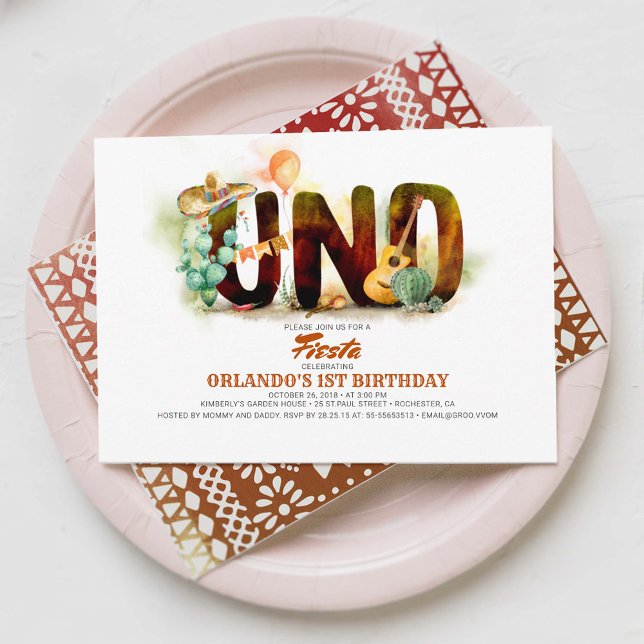 Invitación Fiesta de Fiesta Mexicana Primer Cumpleaños UNO (Uno - Mexican Themed Fun Cute First Birthday Invitations)