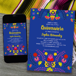 Invitación Fiesta de Fiesta Mexicano Flores Quinceanera Azul