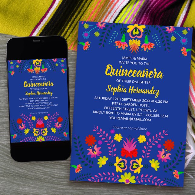 Invitación Fiesta de Fiesta Mexicano Flores Quinceanera Azul (Quinceanera Invitation from my Mexican Fiesta Party collection - order printed or printable download)