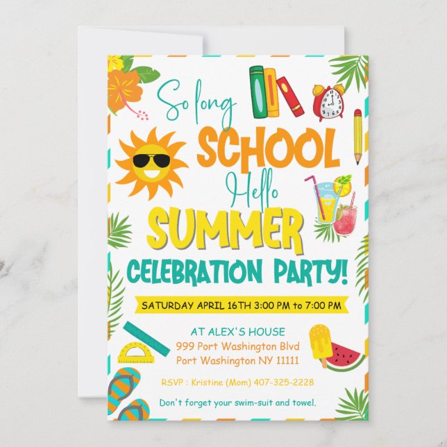 Invitación Fiesta de Fin de Curso Adiós Escuela, Hola Verano (Anverso)