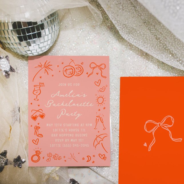 Invitación Fiesta de fin de semana de Bachelorette para bocet (Pink and red hand drawn sketch girly icon illustrations bachelorette party invitations.)