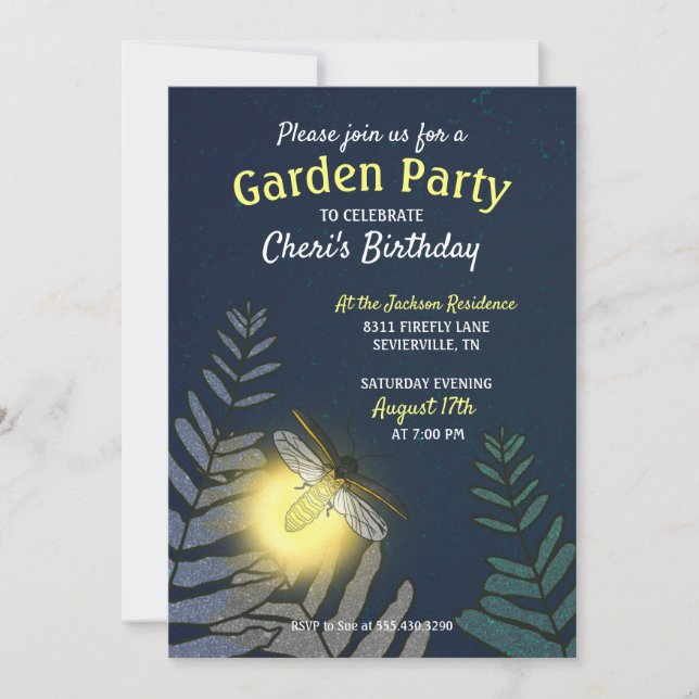 Invitación Fiesta de Firefly Birthday Garden (Anverso)