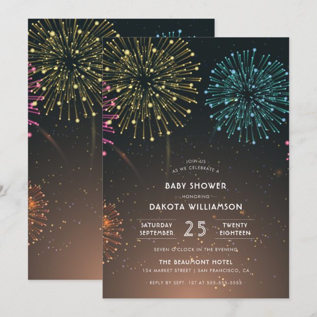 Invitación Fiesta de Fireworks| Moderna tipografía Baby Showe (Anverso / Reverso)