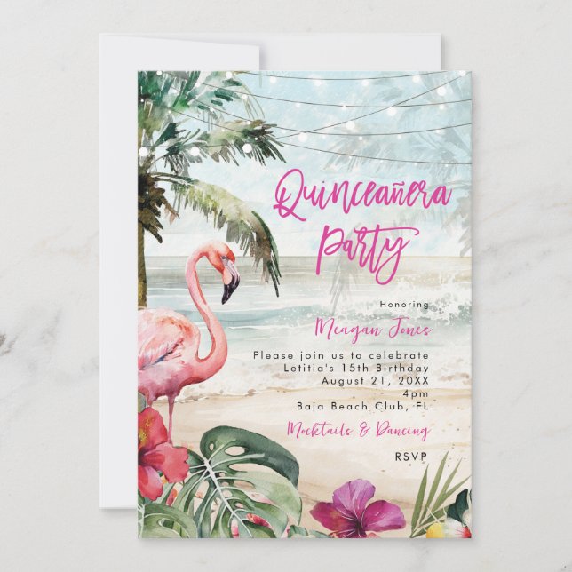 Invitación fiesta de flamingo boho quinceanera tropical (Anverso)