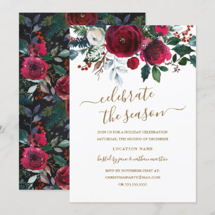Invitación Fiesta de Floral Moderna Rojo Borgoña Dorado