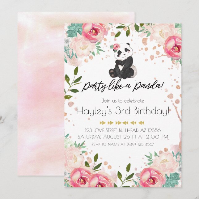 Invitación Fiesta de Flores Bohemias como Cumpleaños de Panda (Anverso / Reverso)