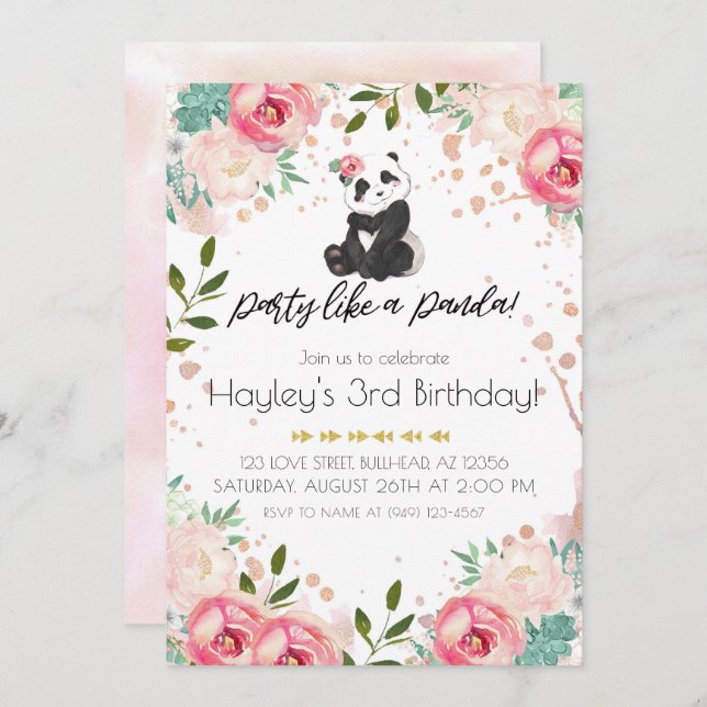 Invitación Fiesta de Flores Bohemias Como un Panda Cumpleaños (Anverso / Reverso)
