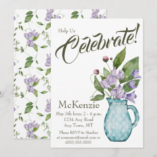 Invitación Fiesta de flores de guisantes dulces de color púrp