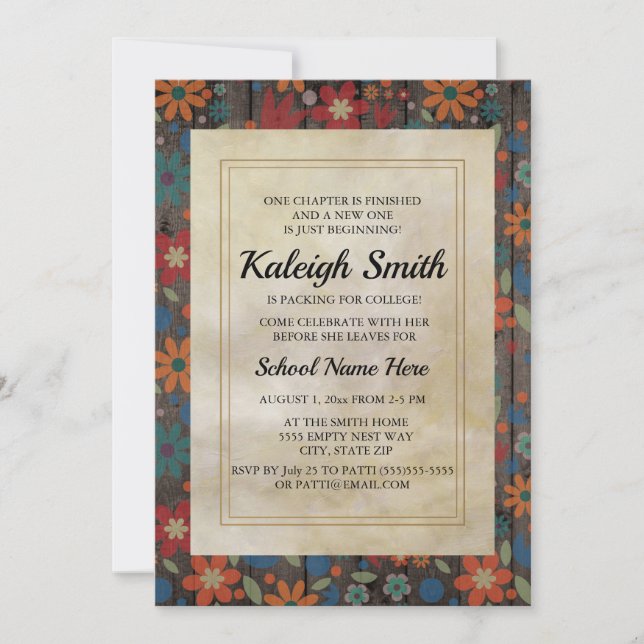 Invitación Fiesta de flores naranjas rojas y azules en tronco (Anverso)