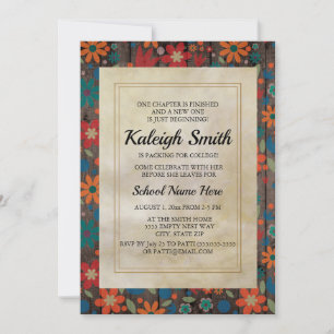 Invitación Fiesta de flores naranjas rojas y azules en tronco