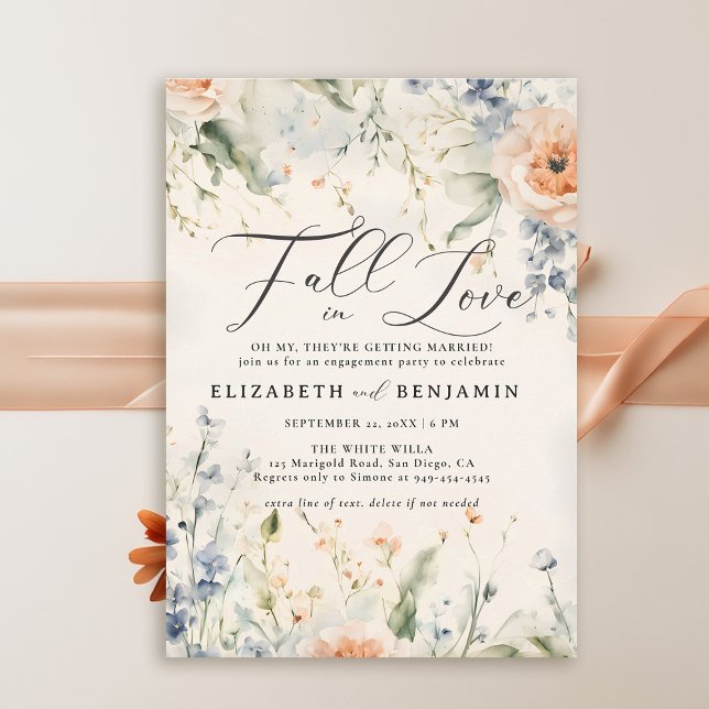 Invitación Fiesta de Flores Silvestres Fiesta de compromiso r (fall engagement party invitations wildflowers rust burnt orange blue elegant watercolor casual chic)