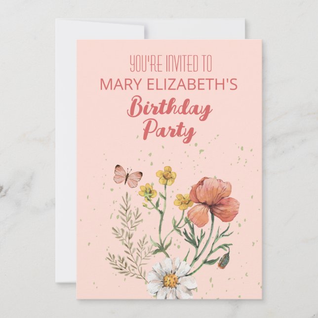 Invitación Fiesta de flores silvestres rosadas BIrthday (Anverso)