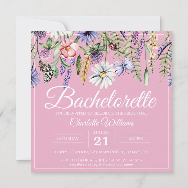 Invitación Fiesta de Flores Silvestres Rosadas de Rubor Boho  (Anverso)