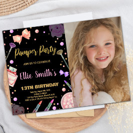 Invitación Fiesta de foto negra purpurina Cumpleaños