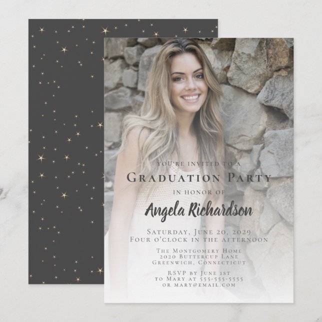 Invitación Fiesta de fotografía de escritura moderna de gradu (Anverso / Reverso)