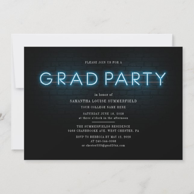 Invitación Fiesta de fotografía de graduación de neón azul Gr (Anverso)