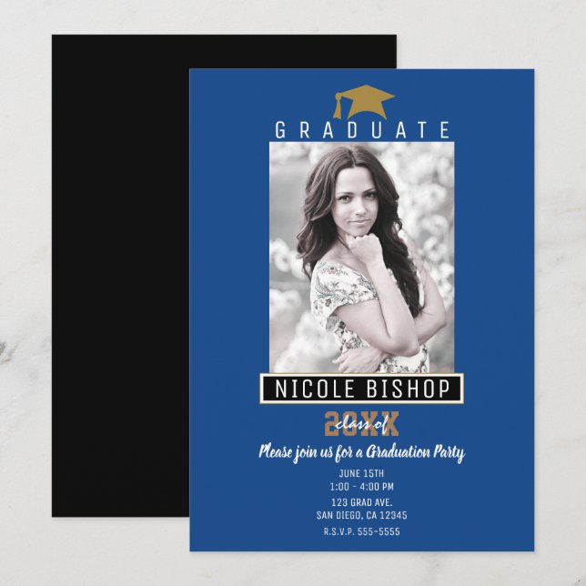 Invitación Fiesta de fotografía de graduación moderna de Blue (Anverso / Reverso)