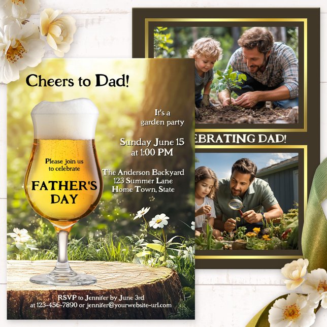 Invitación Fiesta de fotografía del jardín del Día del Padre (Father's Day backyard party invitation featuring a beer in the garden with photos on the back)