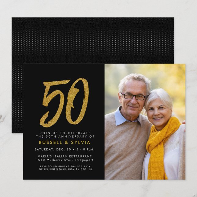 Invitación fiesta de fotografía dorada con 50 años (Anverso / Reverso)