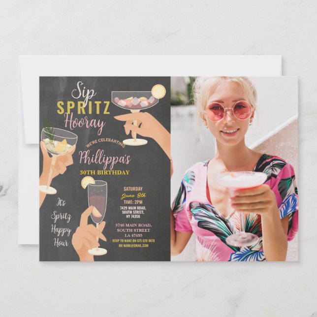 Invitación Fiesta de fotografía Sip Spritz bebe cócteles cump (Anverso)