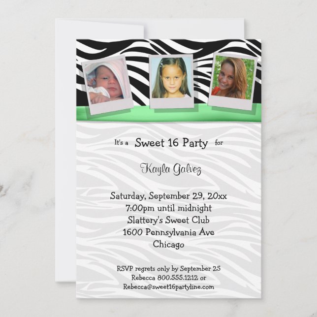 Invitación Fiesta de fotos de cinta verde de cebra invitada (Anverso)