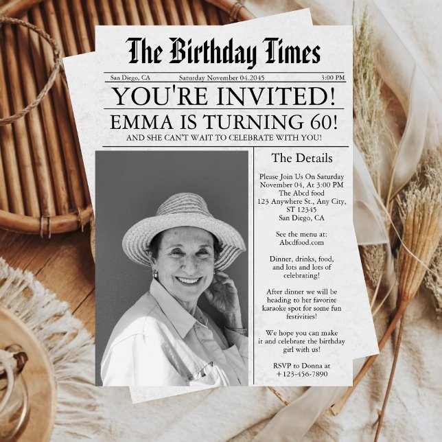 Invitación Fiesta de fotos de cumpleaños número 60 de periódi (Newspaper Unique Fun 60th Birthday Photo Party Invitation)