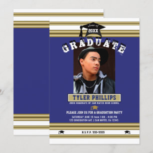 Invitación Fiesta de Fotos de Graduación con Azul Real Blanco
