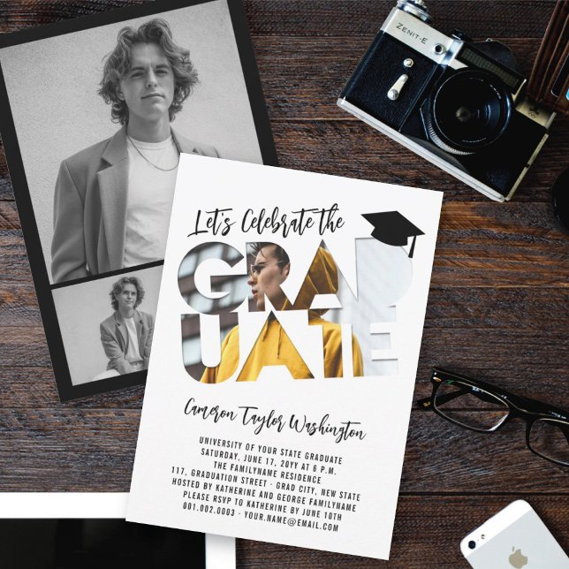 Invitación Fiesta de fotos de graduación moderna de Guay (Let's Celebrate The Graduate Modern Graduation Photo Party Invitation @ zazzle.com/color_therapy)