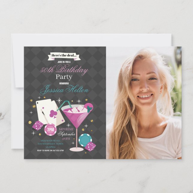 Invitación Fiesta de fotos de los dados del Casino de cumplea (Anverso)