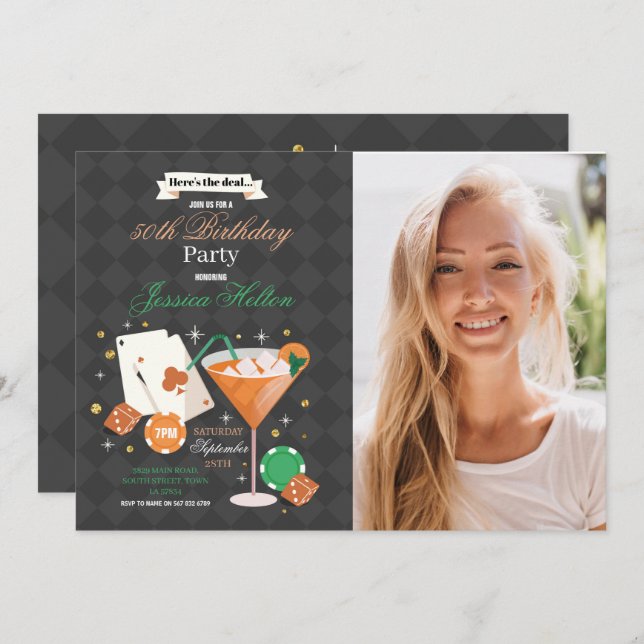 Invitación Fiesta de fotos de los dados del Casino de cumplea (Anverso / Reverso)