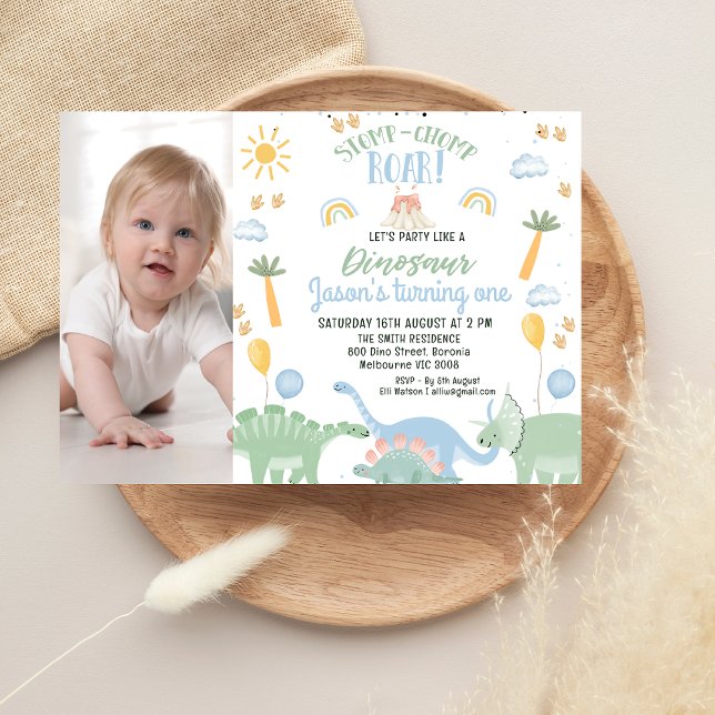 Invitación Fiesta de fotos de niños pequeños como Dinosaur 1º (Boys Party Like A Dinosaur 1st Birthday Invitation, Stomp Chomp Roar Dinosaur Birthday Party Invite)
