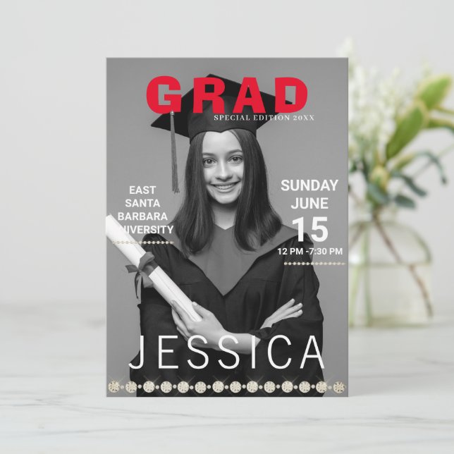 Invitación Fiesta de fotos de portada de la revista de gradua (Anverso de pie)