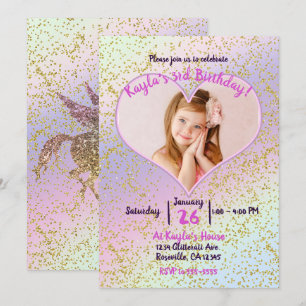 Invitación Fiesta de Fotos de Unicornio con Purpurina Dorada 