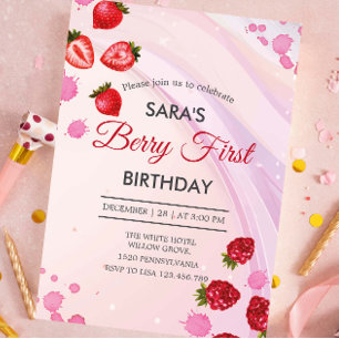 Invitación Fiesta de fresa y frambuesa primer cumpleaños bebé