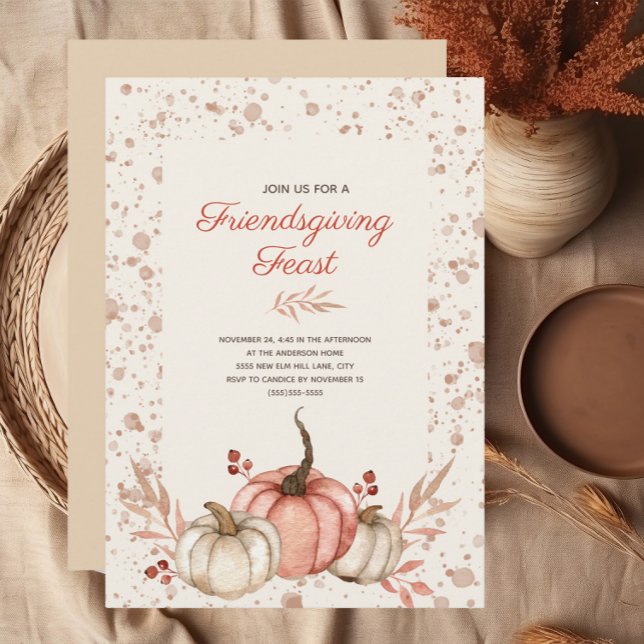 Invitación Fiesta de Friendsgiving Rústico País Otoño   (Rustic orange and white pumpkins watercolor Friendsgiving Dinner Invitation)