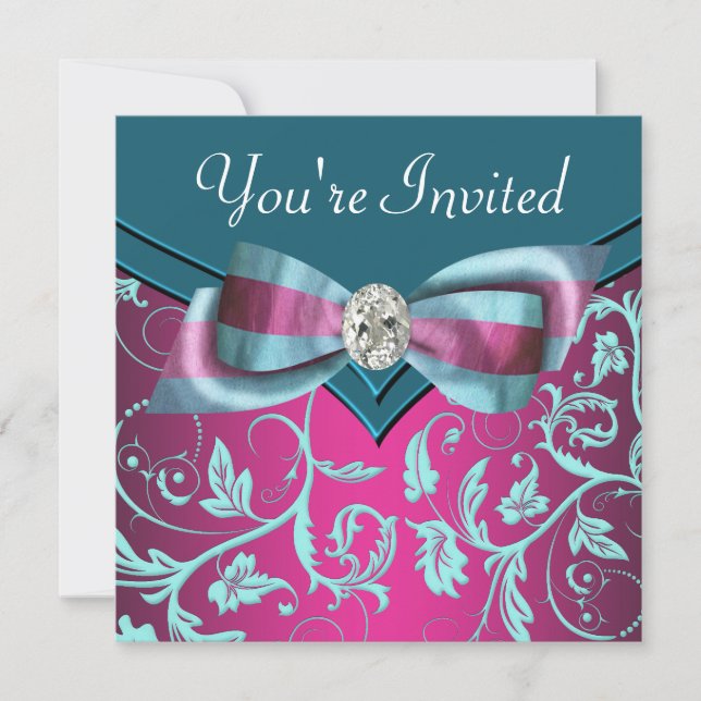 Invitación Fiesta de fucsia rosa caliente azul turquesa para  (Anverso)