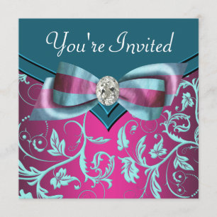 Invitación Fiesta de fucsia rosa caliente azul turquesa para 