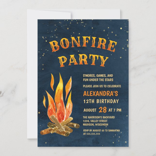 Invitación Fiesta de fuego Naranja azul acuarela (Anverso)