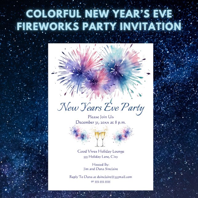 Invitación Fiesta de Fuegos Artificiales de Nochevieja (Colorful New Year’s Eve Fireworks Party Invitation – Easy to Personalize)