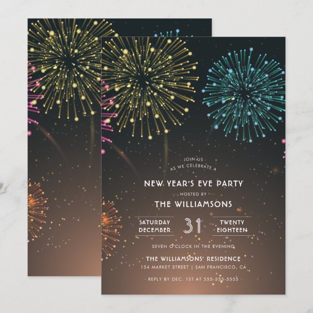 Invitación Fiesta de fuegos artificiales | Fiesta de Año Nuev (Anverso / Reverso)