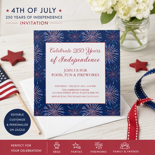 Invitación Fiesta de fuegos artificiales patrióticos del 4 de (Add your event details via the template to customize your invitation )